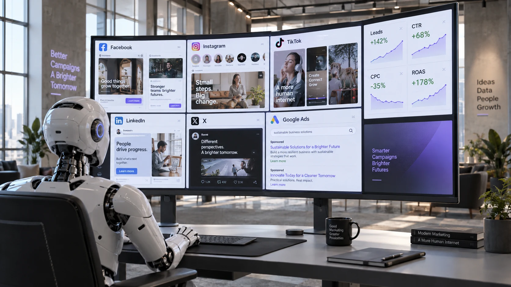 Weißer humanoider Roboter von hinten vor einer großen Bildschirmwand mit laufenden Kampagnen und Auswertungen im Tageslichtstudio