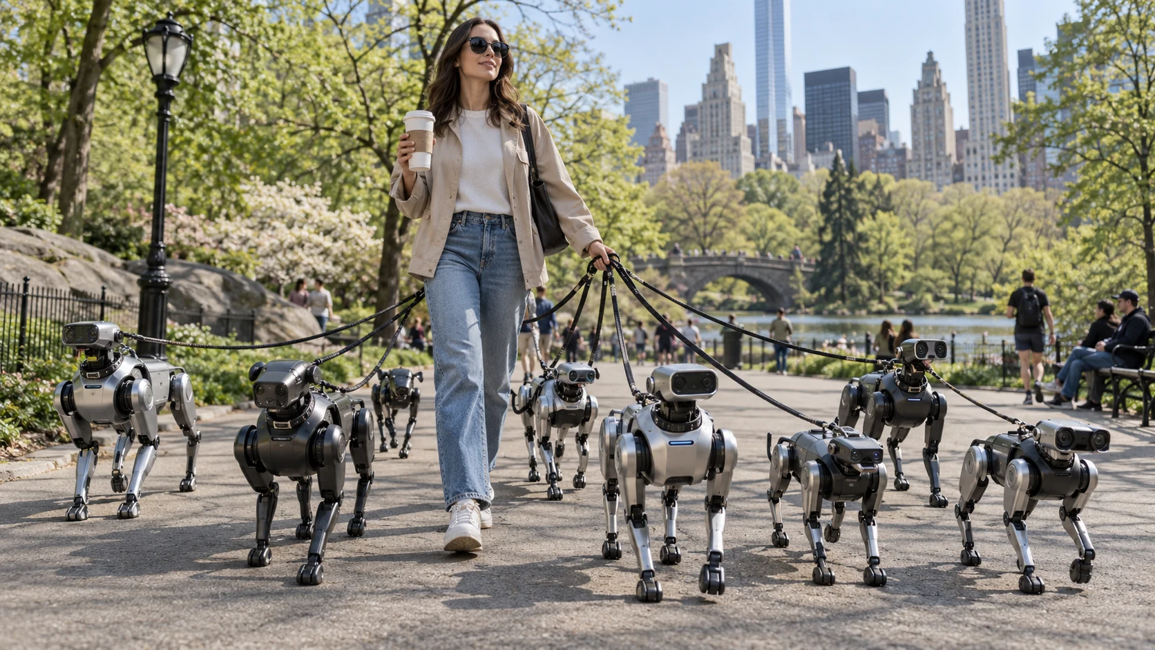 Frau mit Coffee to go führt im Morgenlicht des Central Parks mehrere Roboterhunde an der Leine – laufende Prozesse, ruhig unter Kontrolle